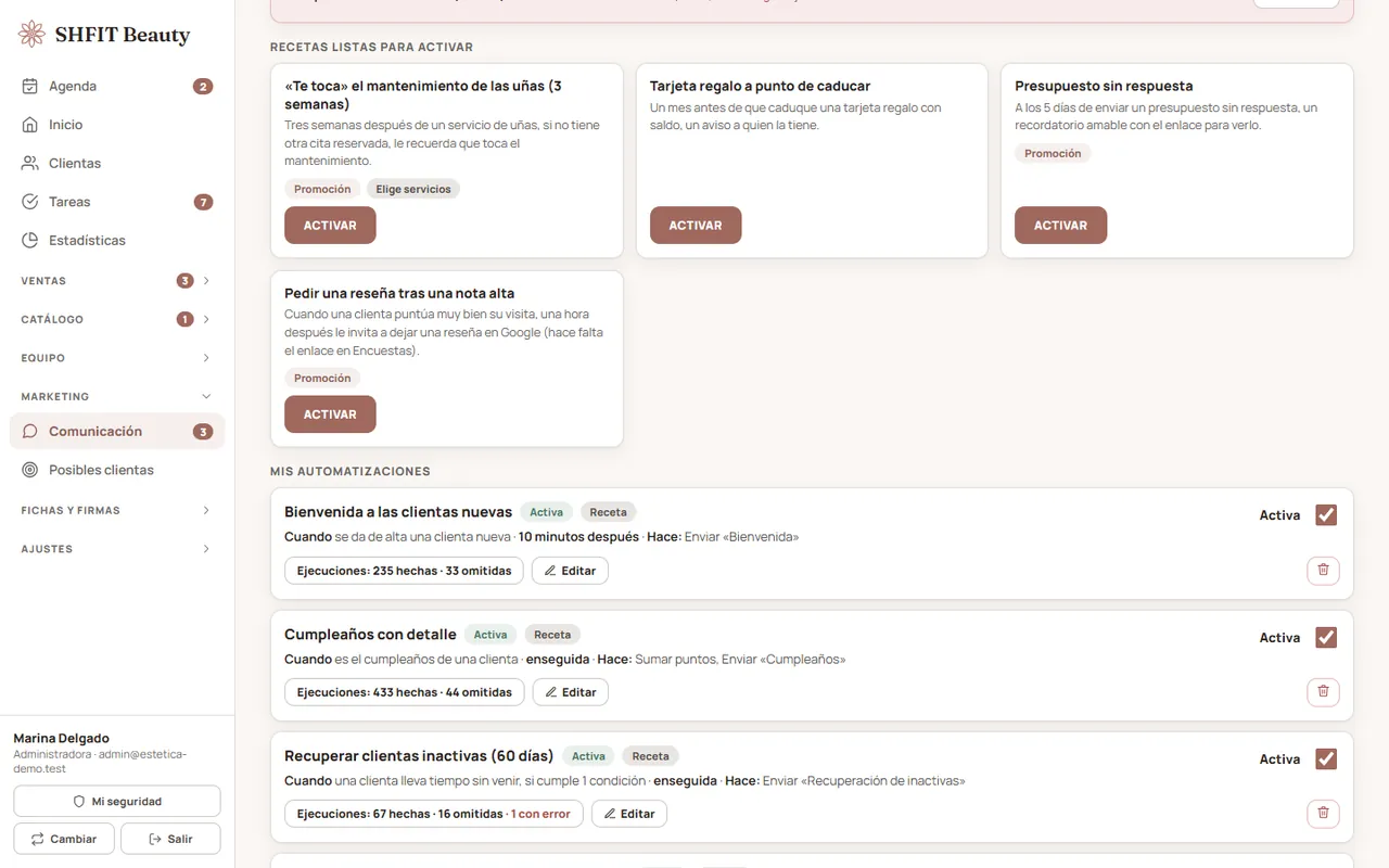 Pantalla de automatizaciones con recetas listas para activar y automatizaciones activas