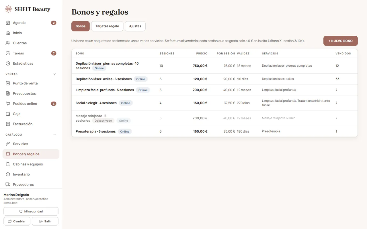 Lista de bonos de sesiones con precio, validez y servicios