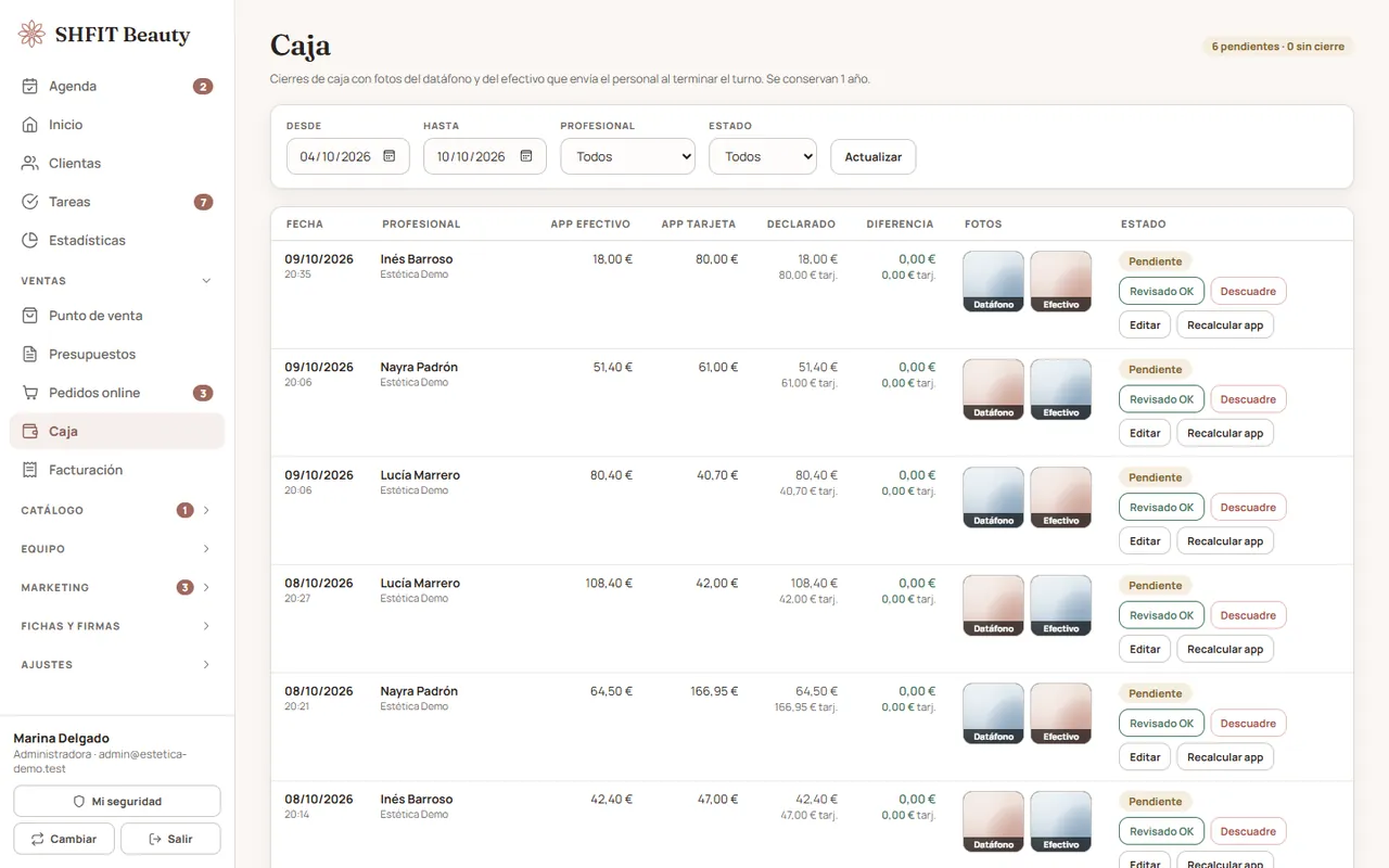 Cierres de caja por profesional con fotos del datáfono y del efectivo