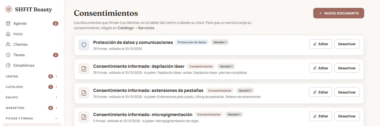 Lista de consentimientos informados con el número de firmas de cada uno
