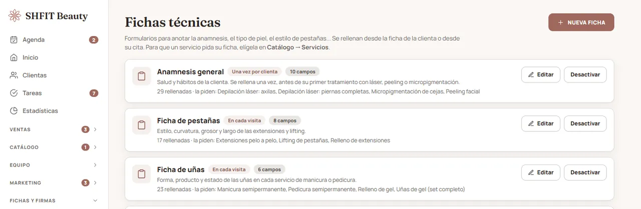 Fichas técnicas de anamnesis, pestañas, uñas y facial