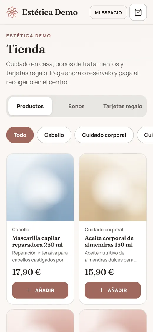 Tienda online en el móvil con productos del centro