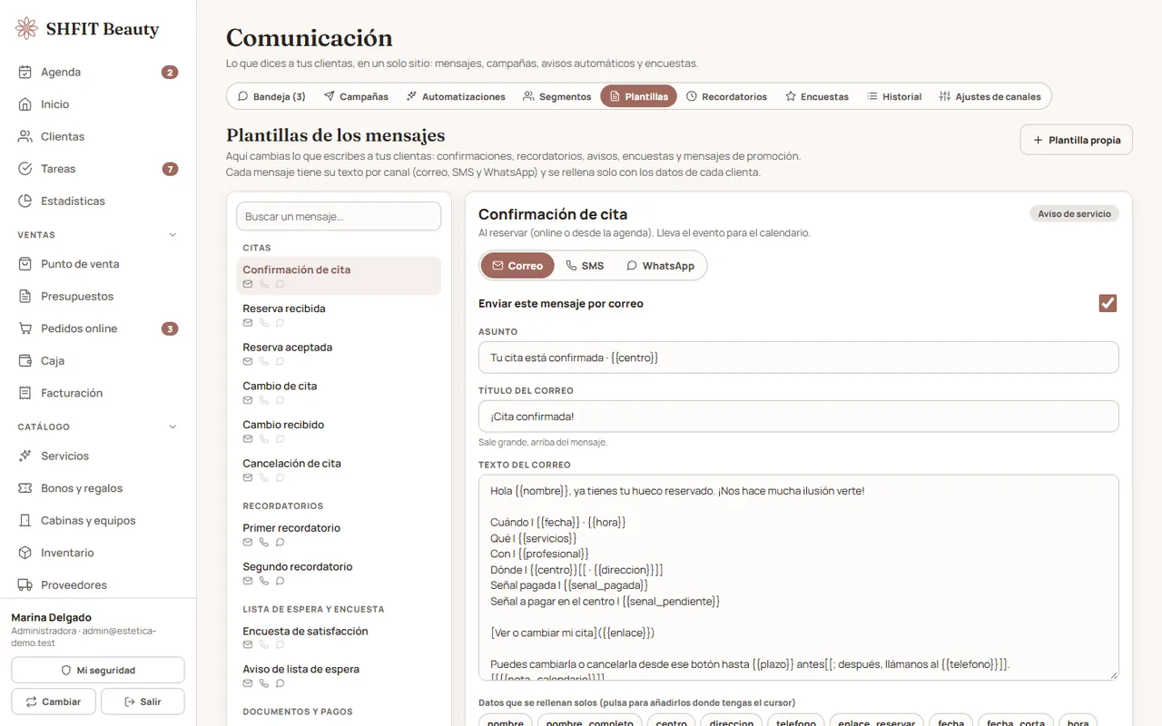 Editor de plantillas de mensajes con la confirmación de cita