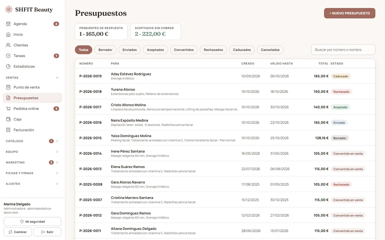 Lista de presupuestos con su estado: borrador, enviado, aceptado o convertido en venta
