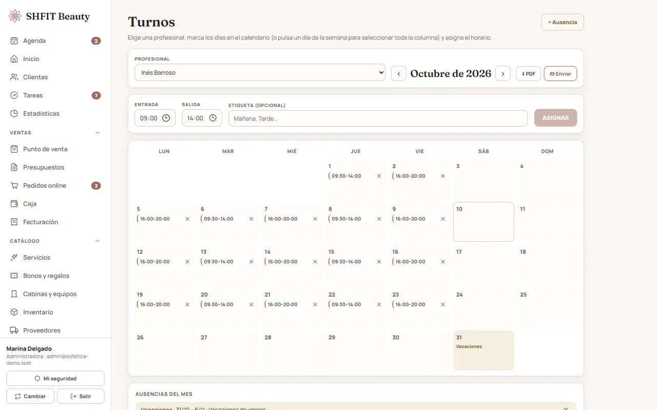Calendario mensual de turnos de una profesional con vacaciones