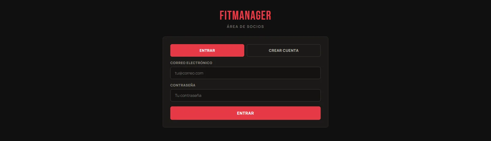 Pantalla de acceso al área de socios de Manager SHFIT con las pestañas Entrar y Crear cuenta, campos de correo y contraseña